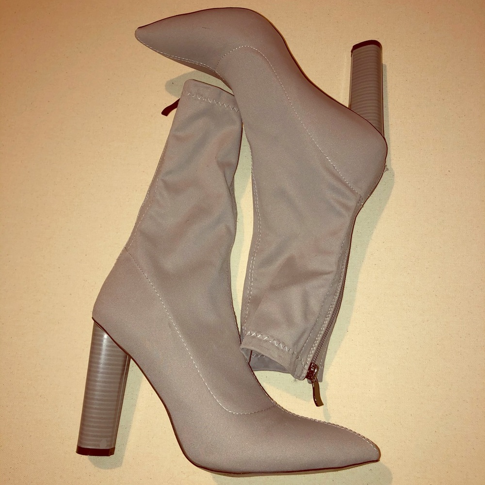 Gray sock heeled boots
